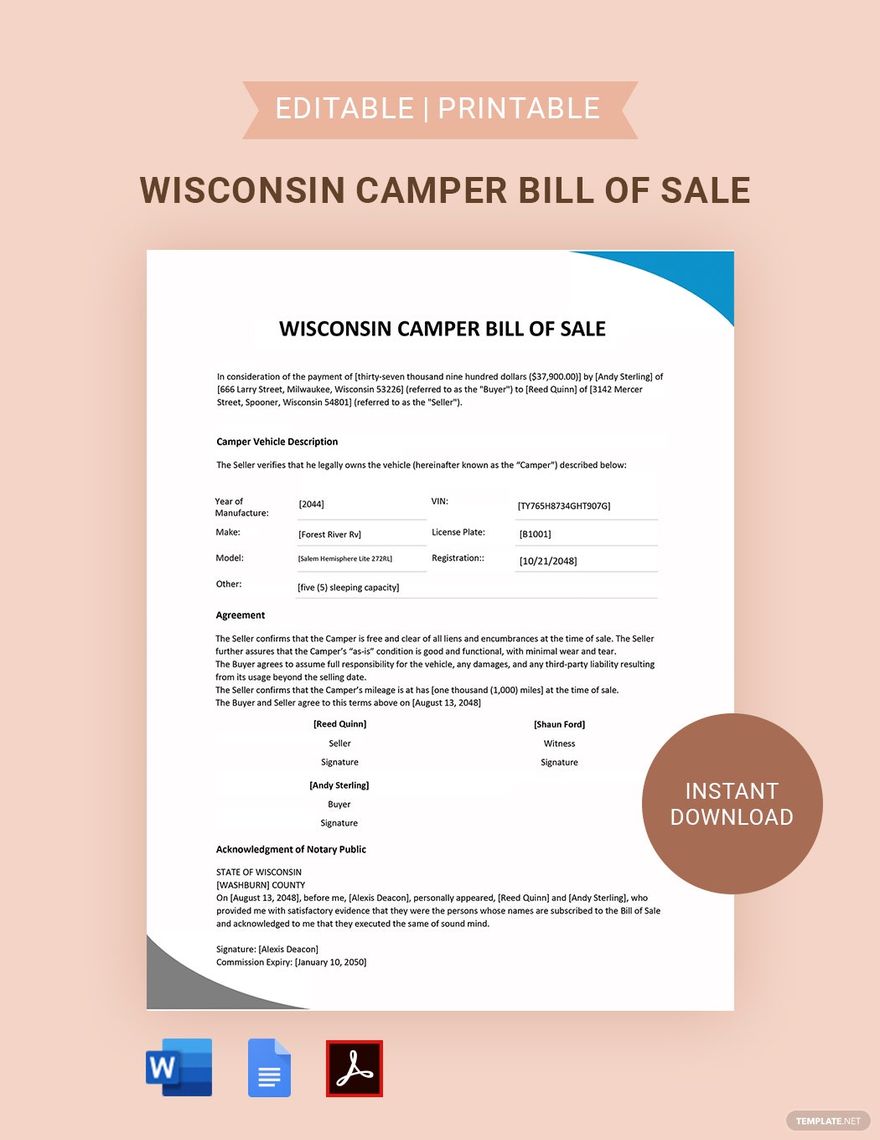 Wisconsin Camper Bill of Sale Template
