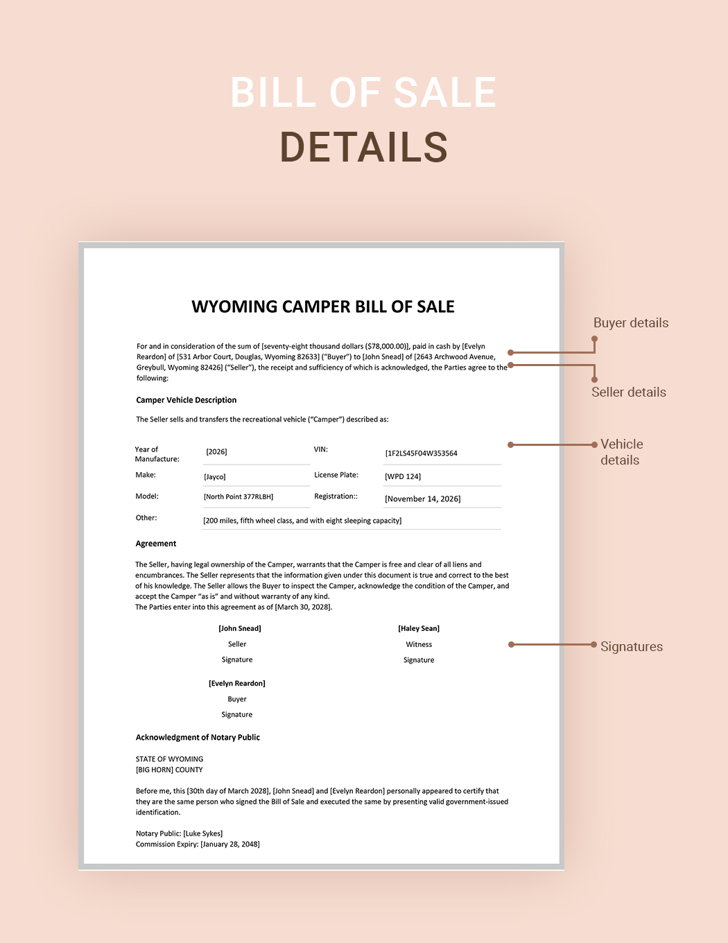 Wyoming Camper Bill of Sale Form Template