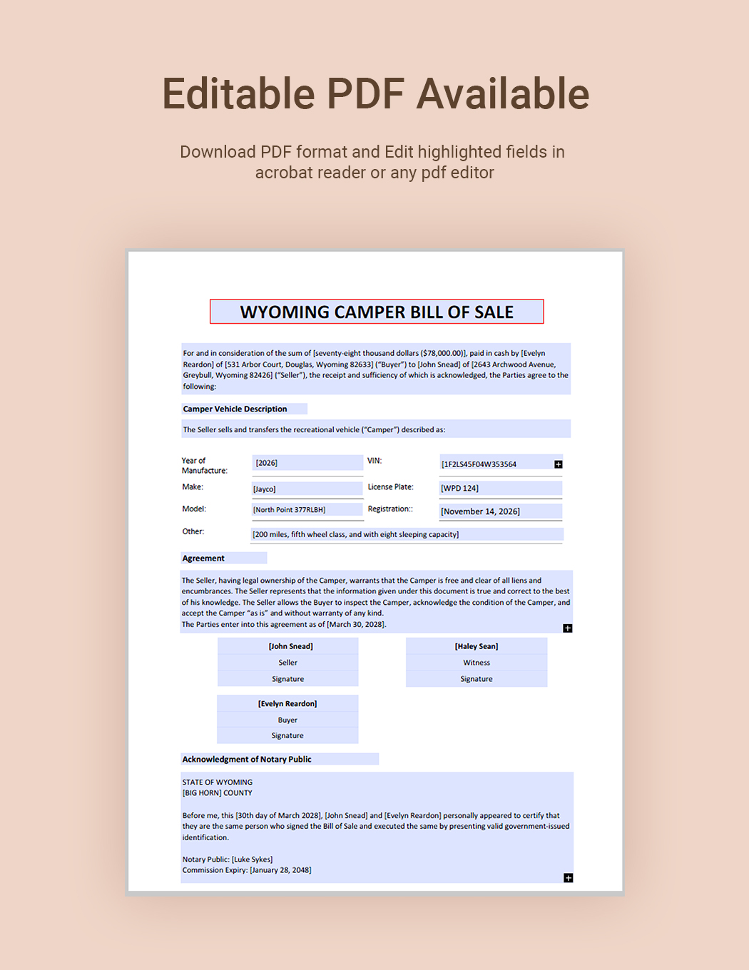 Wyoming Camper Bill of Sale Form Template
