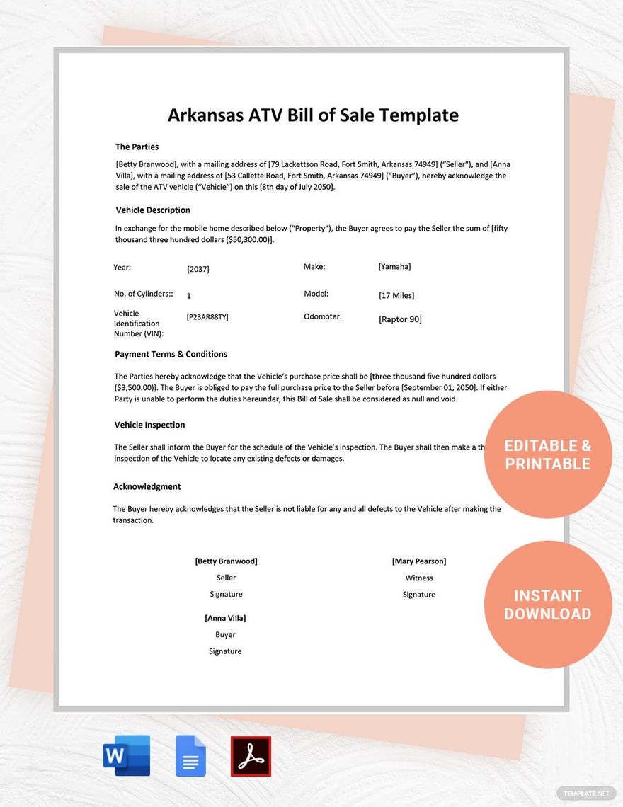 Arkansas ATV Bill of Sale Template