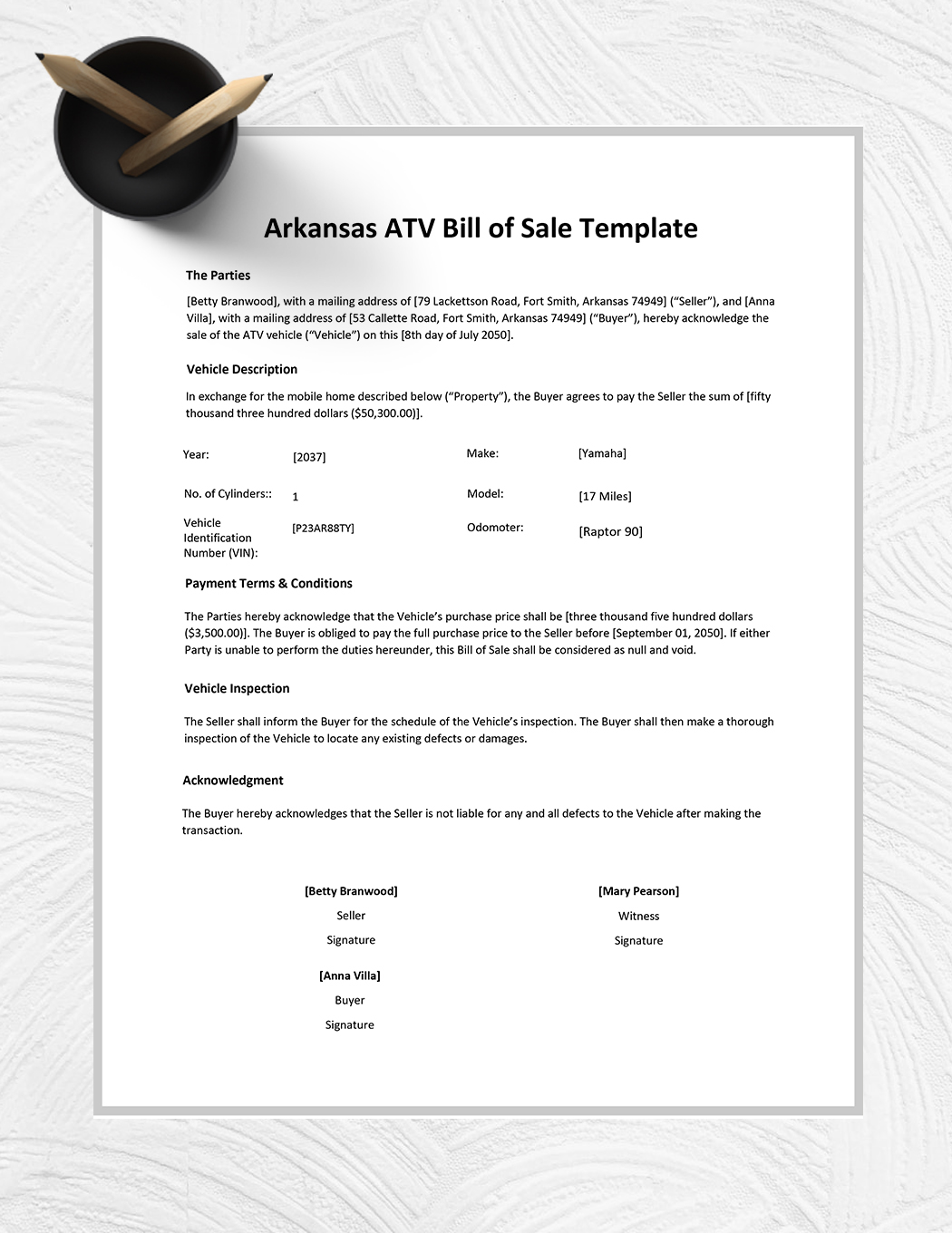 Arkansas ATV Bill of Sale Template