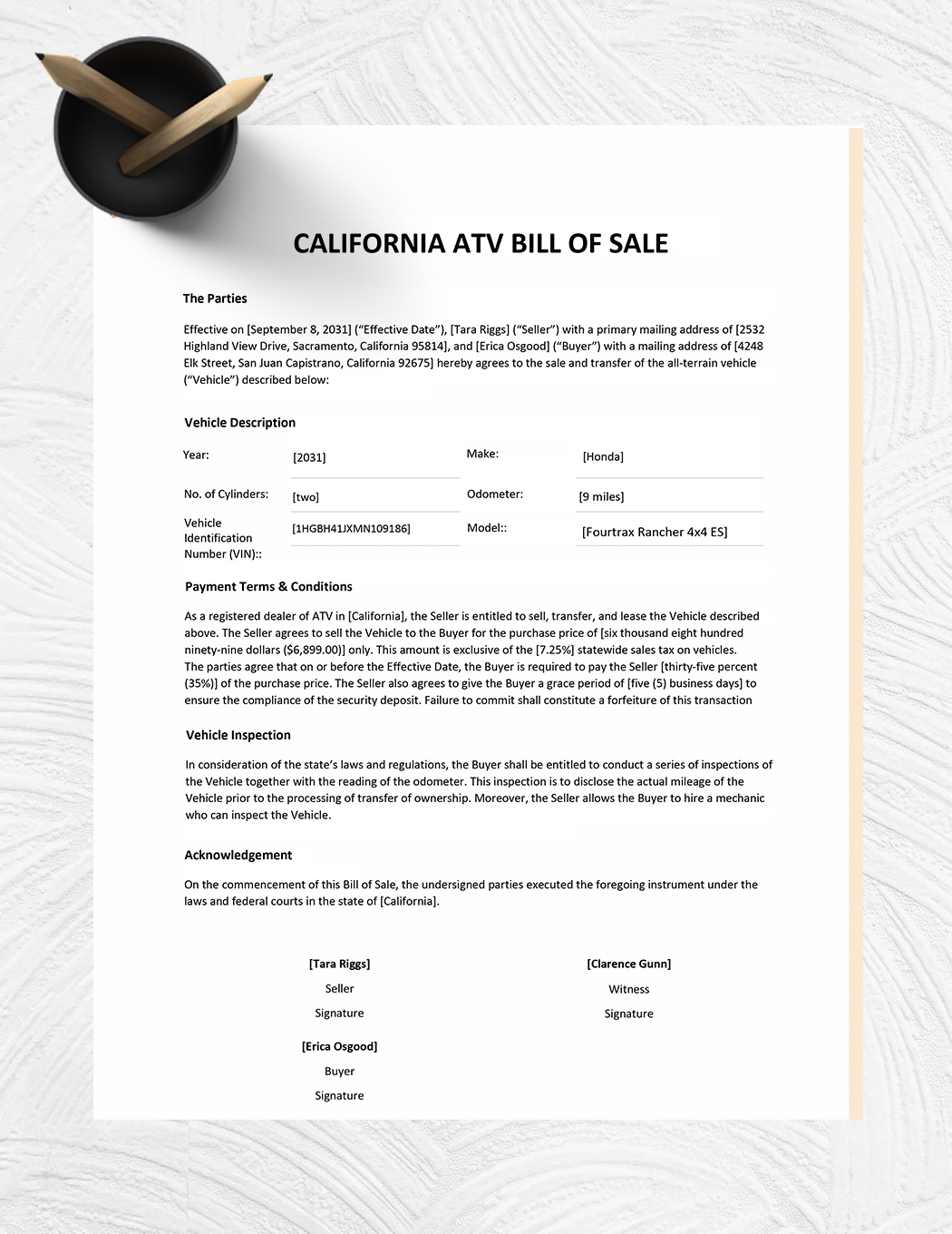 California ATV Bill Of Sale Template