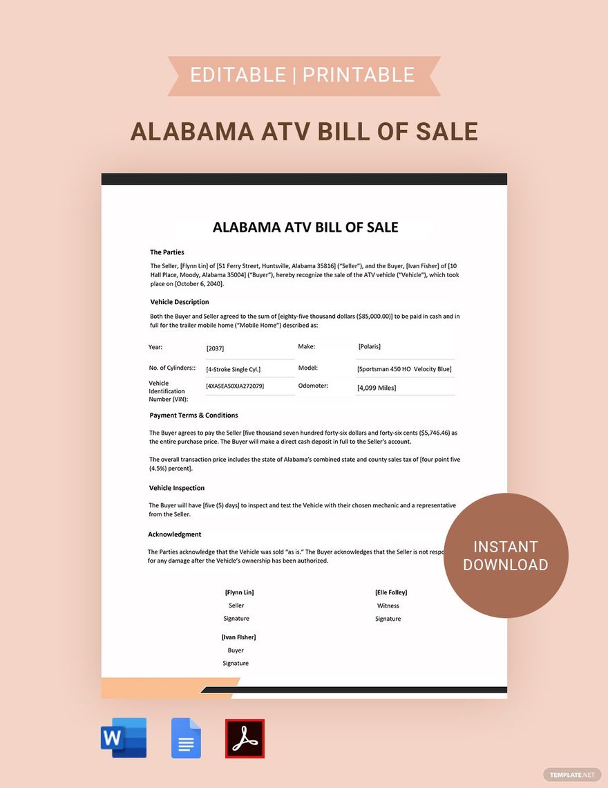 Alabama ATV Bill of Sale Template