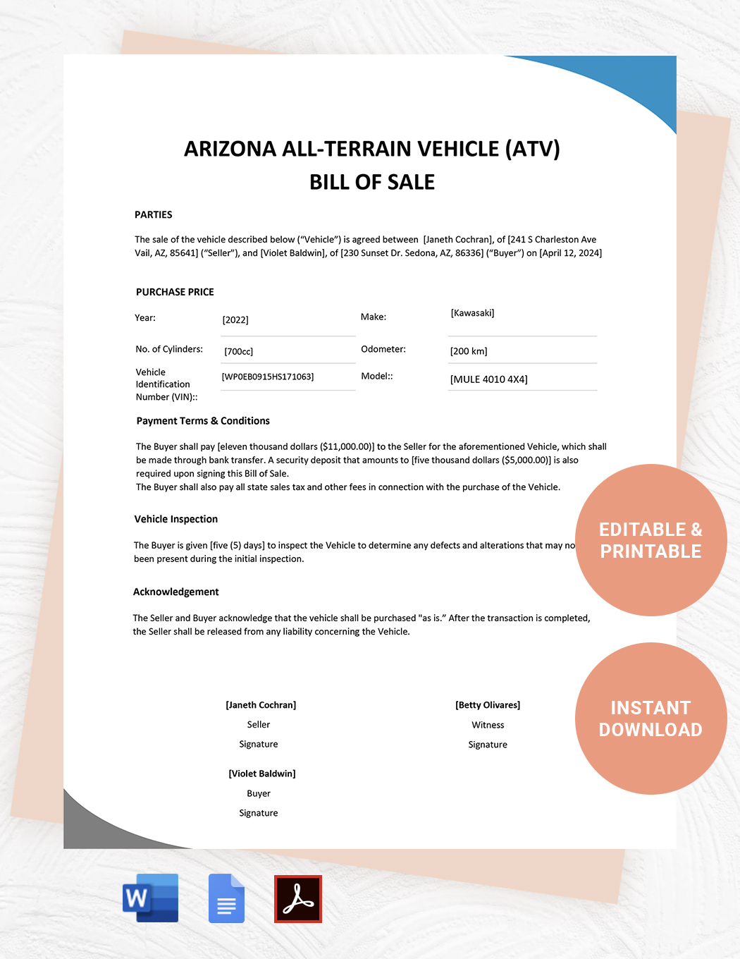 Free Arizona ATV Bill of Sale Form Template Google Docs, Word, PDF