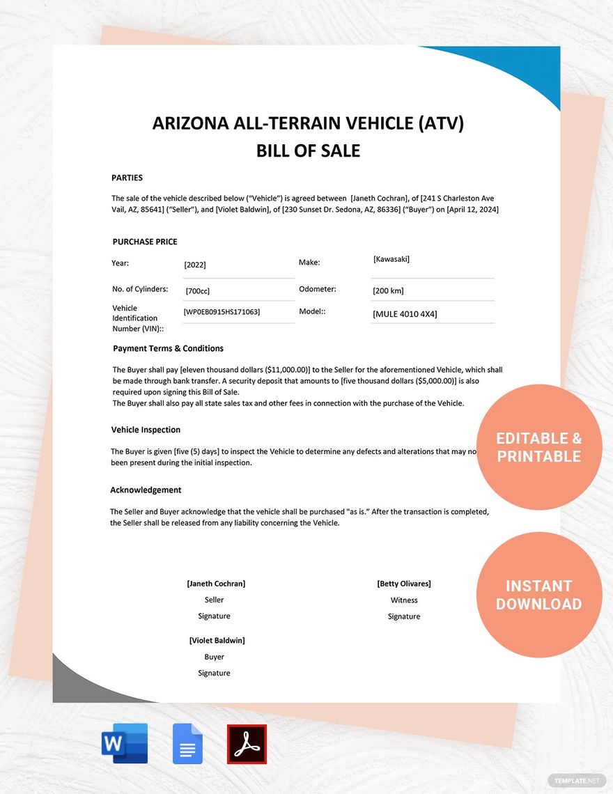 Arizona ATV Bill of Sale Form Template