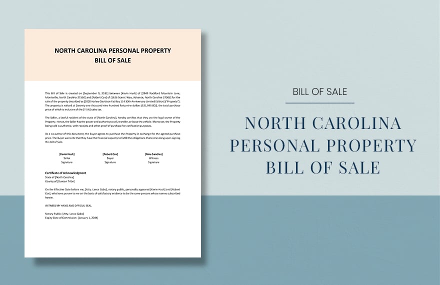 North Carolina Personal Property Bill Of Sale Template