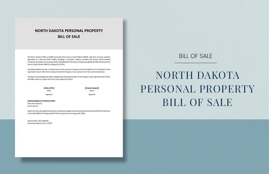 North Dakota Personal Property Bill Of Sale Template in Word, Google Docs, PDF, Apple Pages