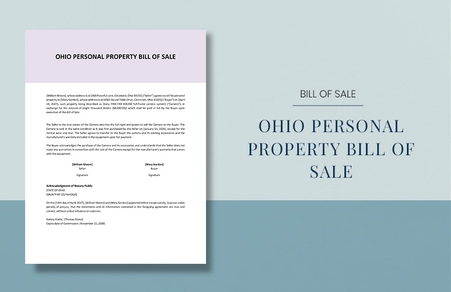 Ohio Personal Property Bill Of Sale Template