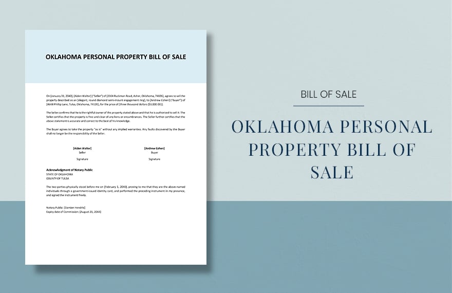Oklahoma Personal Property Bill Of Sale Template
