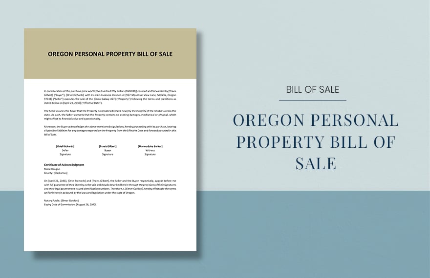 Oregon Personal Property Bill Of Sale Template