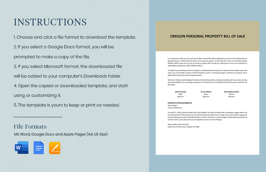 Oregon Personal Property Bill Of Sale Template