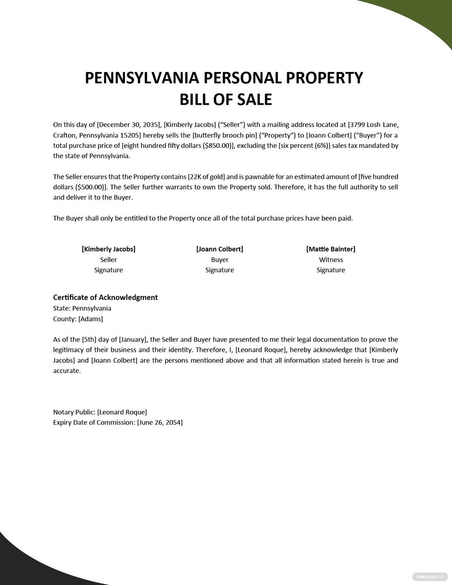 Free Pennsylvania Personal Property Bill Of Sale Form Template Google