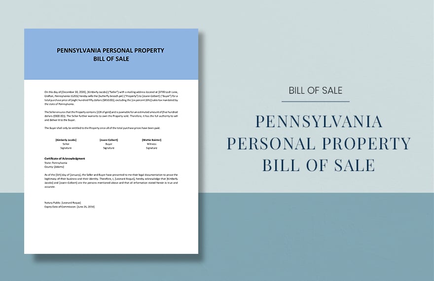 Free Pennsylvania Personal Property Bill Of Sale Form Template in Word, Google Docs, PDF, Apple Pages