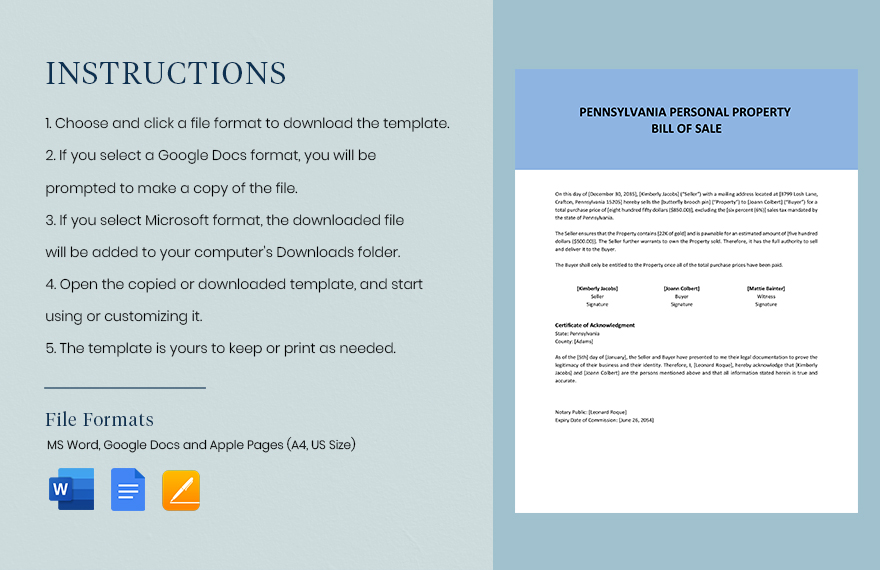 Pennsylvania Personal Property Bill Of Sale Form Template