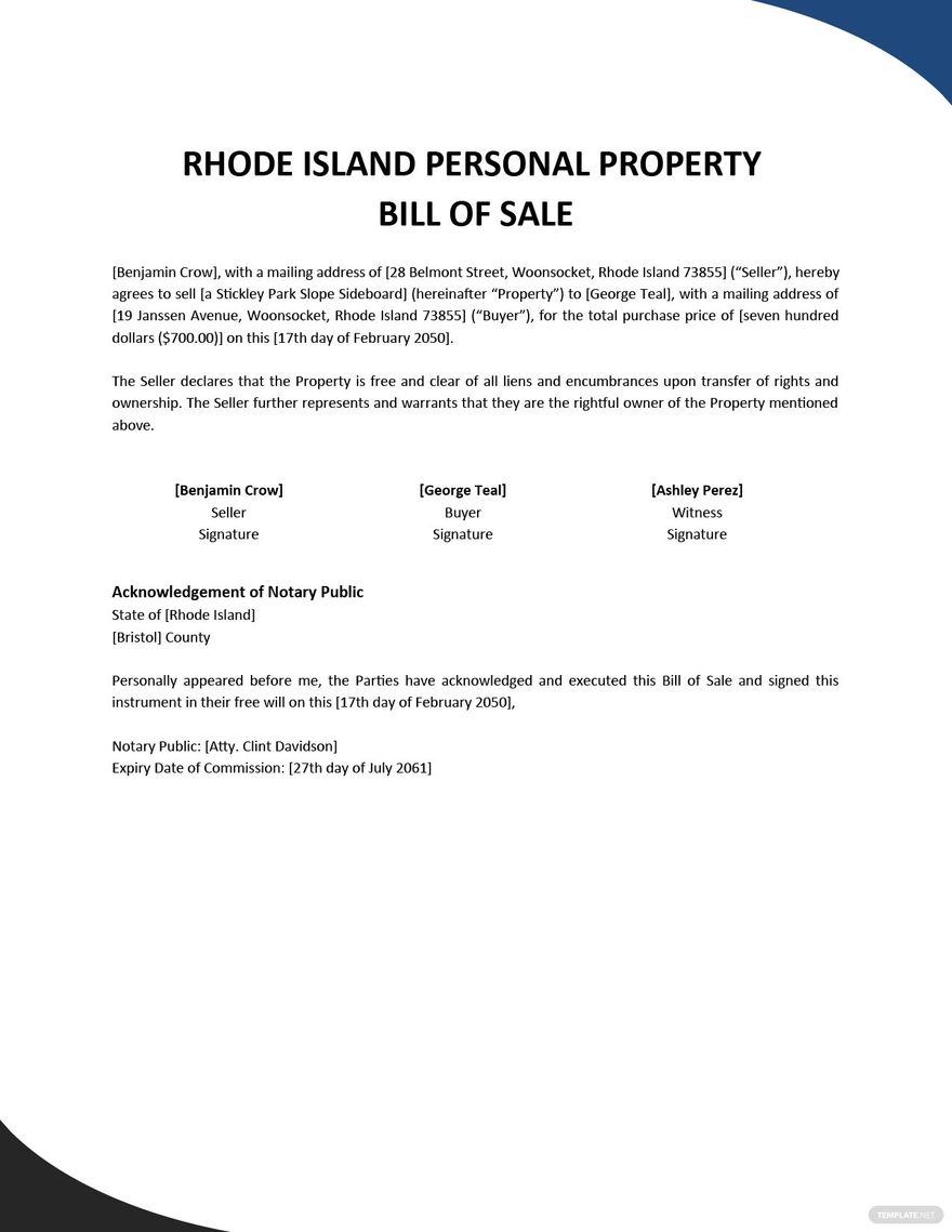 Rhode Island Personal Property Bill Of Sale Template Google Docs