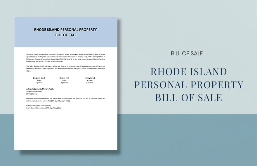 Rhode Island Personal Property Bill Of Sale Template
