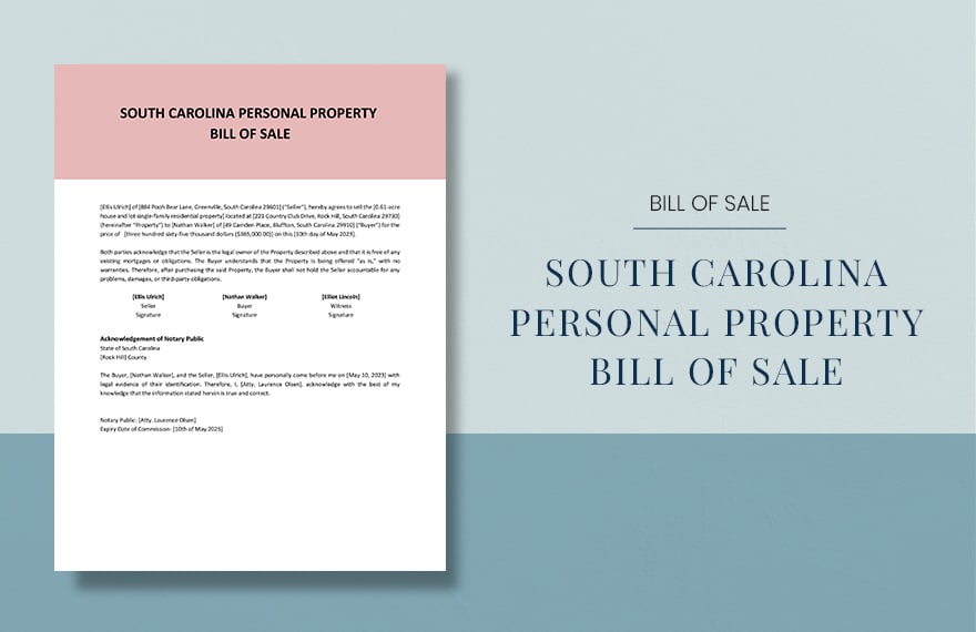 South Carolina Personal Property Bill Of Sale Template in Word, Google Docs, PDF, Apple Pages