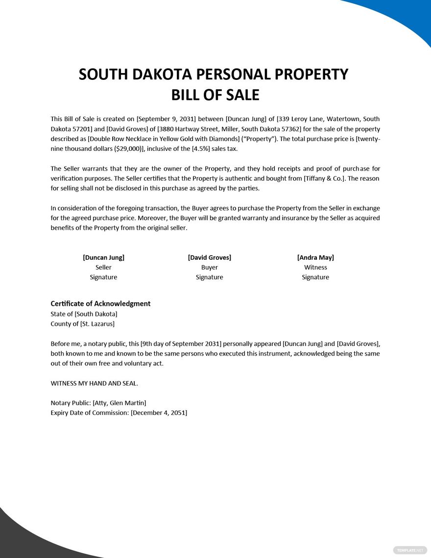 Free South Dakota Livestock Bill of Sale Form Template Google Docs