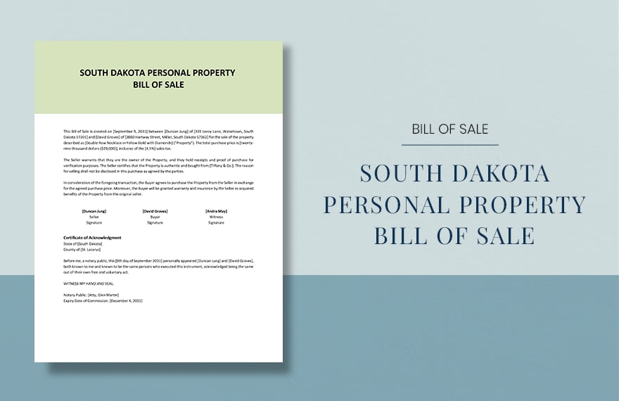 South Dakota Personal Property Bill Of Sale Template in Word, Google Docs, PDF, Apple Pages