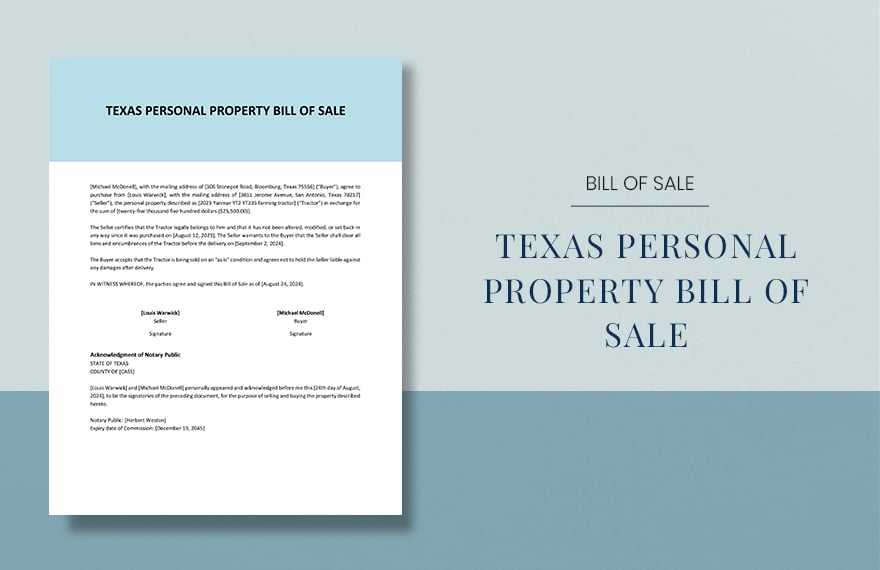 Texas Personal Property Bill Of Sale Template