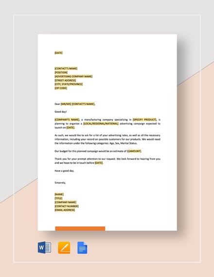 Free Request for Advertising Rate Information Template - Google Docs, Word, Apple Pages
