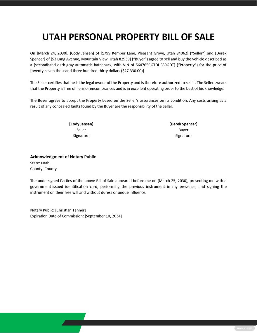Utah Personal Property Bill Of Sale Template Google Docs Word PDF