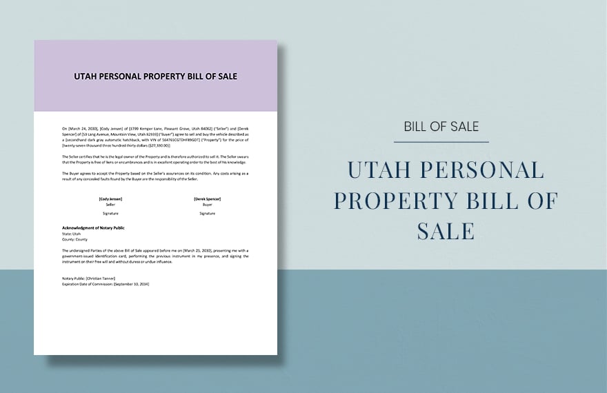 Utah Personal Property Bill Of Sale Template in PDF Google Docs Word