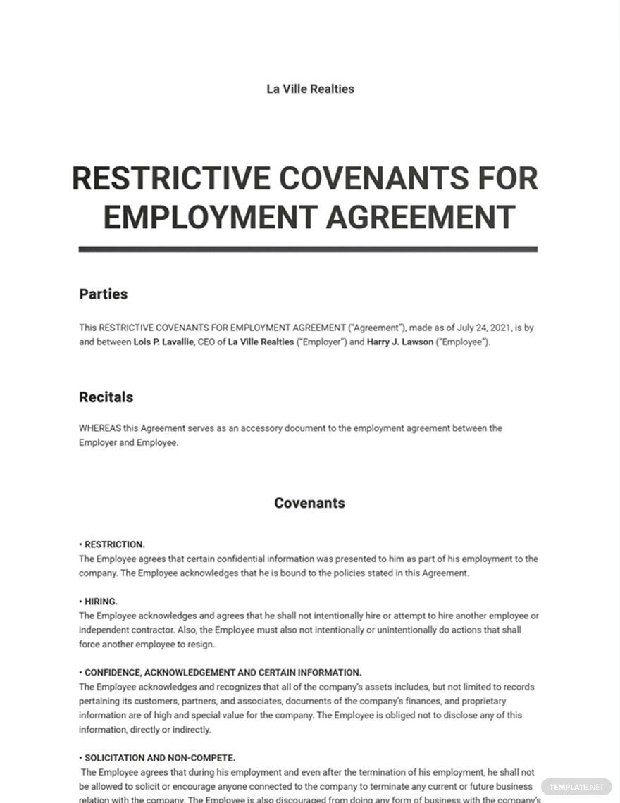 Free Restrictive Covenants for Employment Agreement Template
