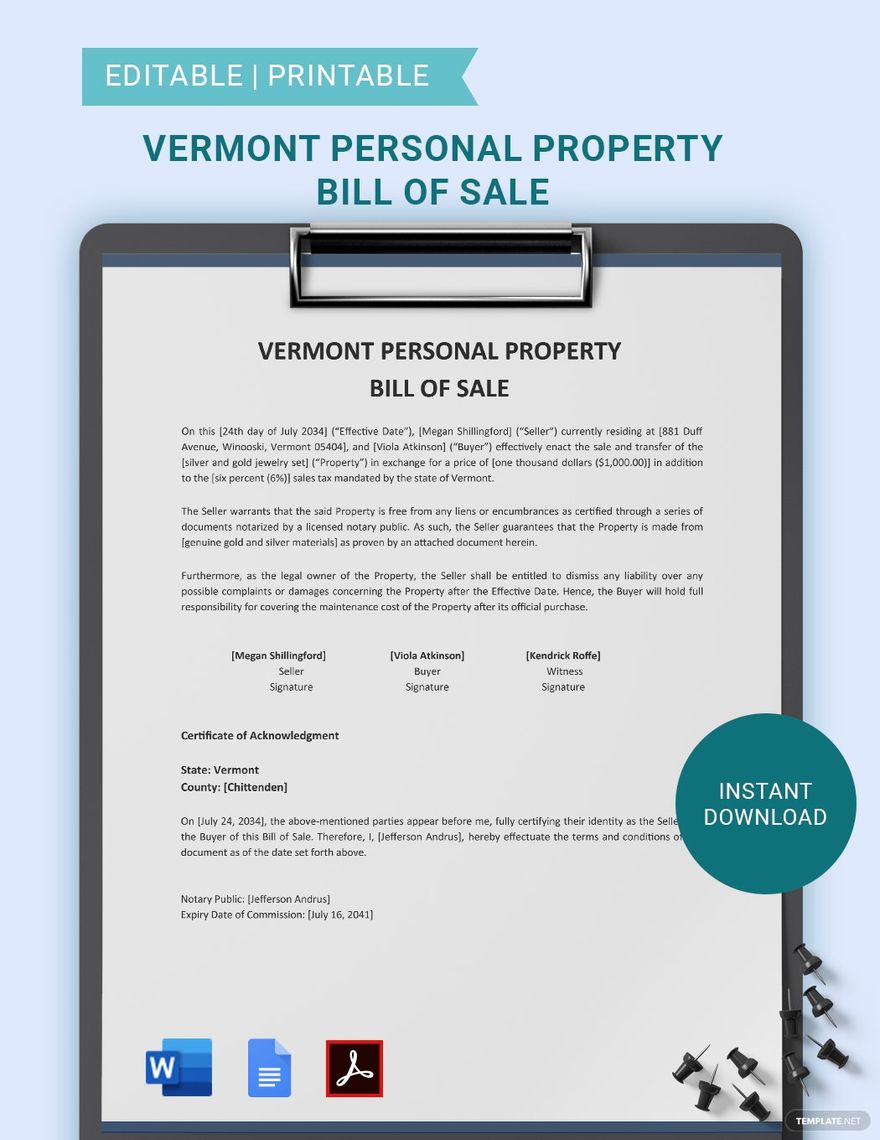 Vermont Personal Property Bill Of Sale Template