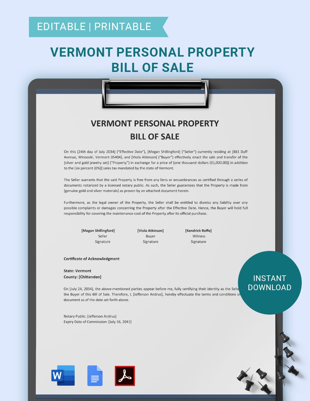 Vermont Personal Property Bill Of Sale Template 