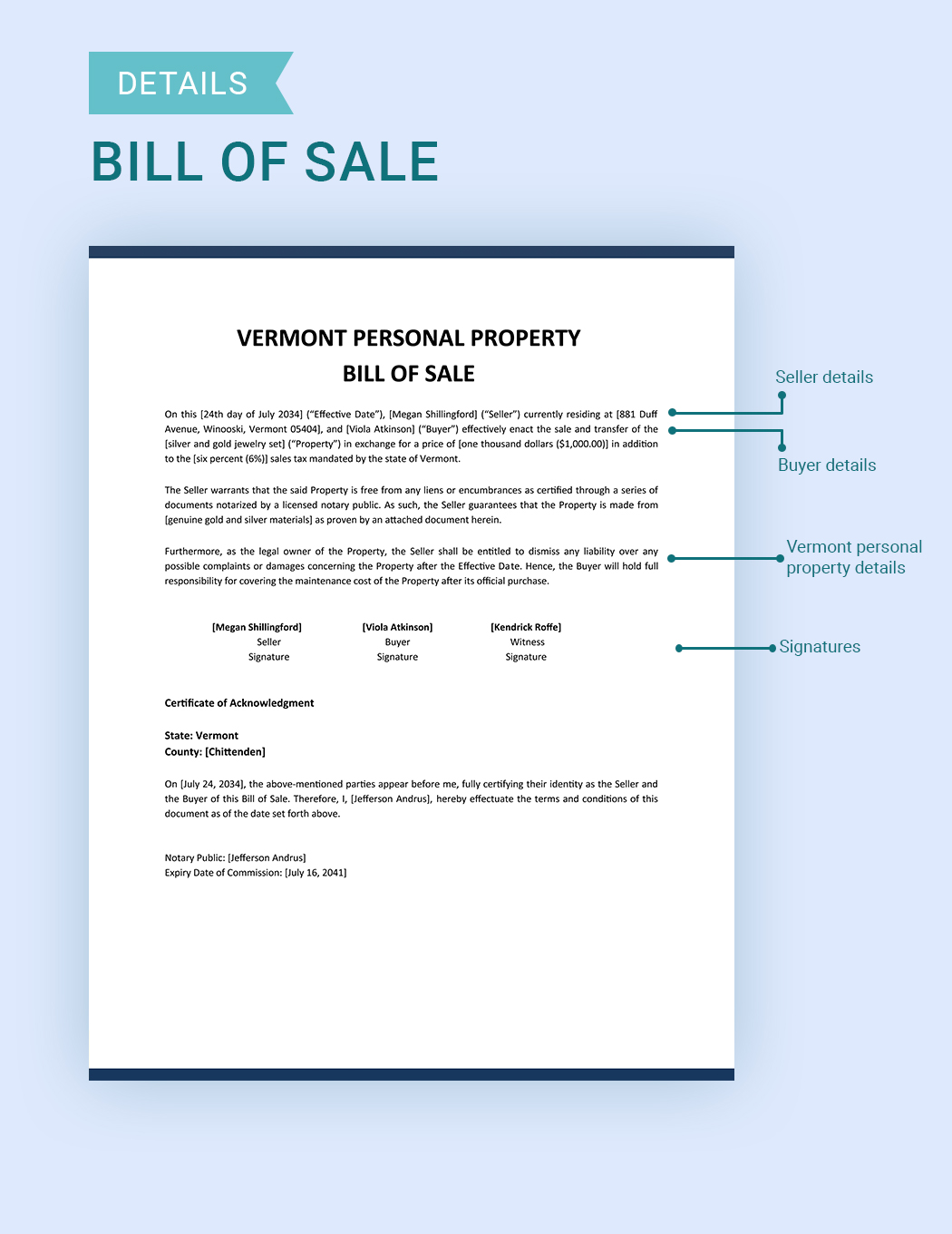 Vermont Personal Property Bill Of Sale Template 