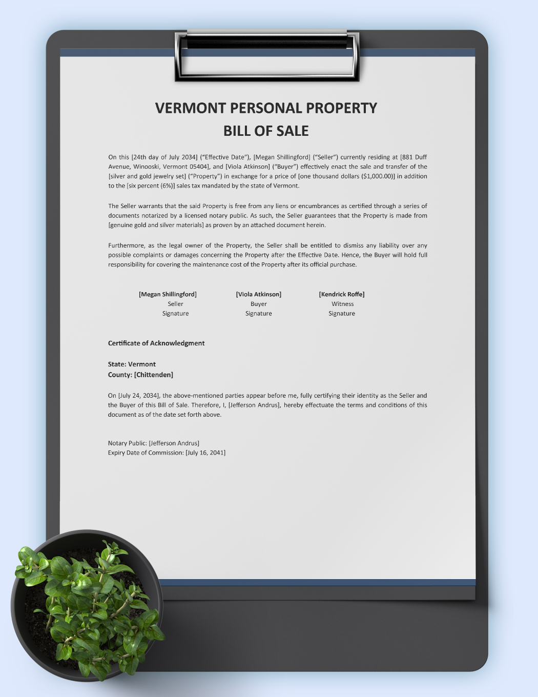 Vermont Personal Property Bill Of Sale Template
