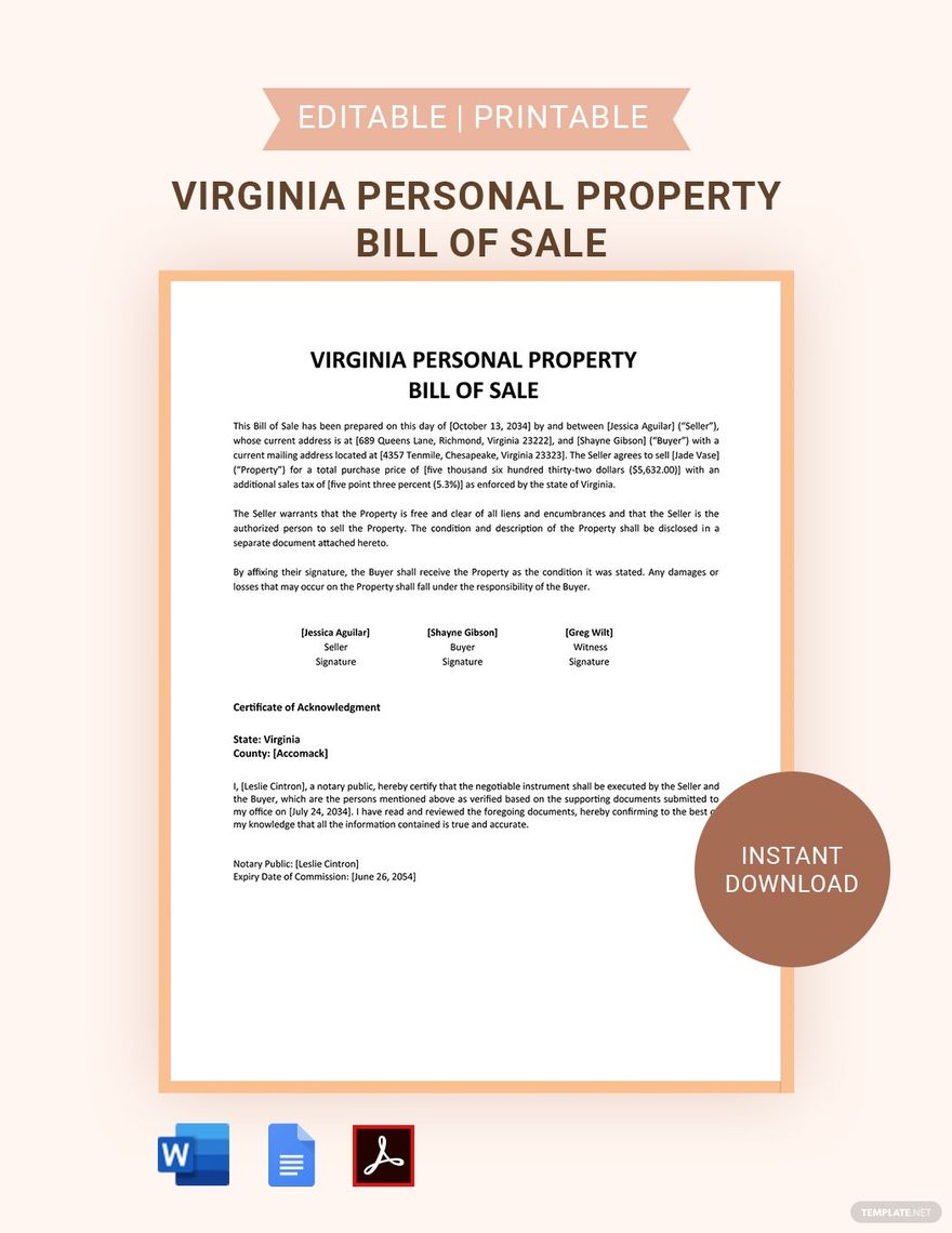 Virginia Personal Property Bill Of Sale Template in Word, Google Docs, PDF