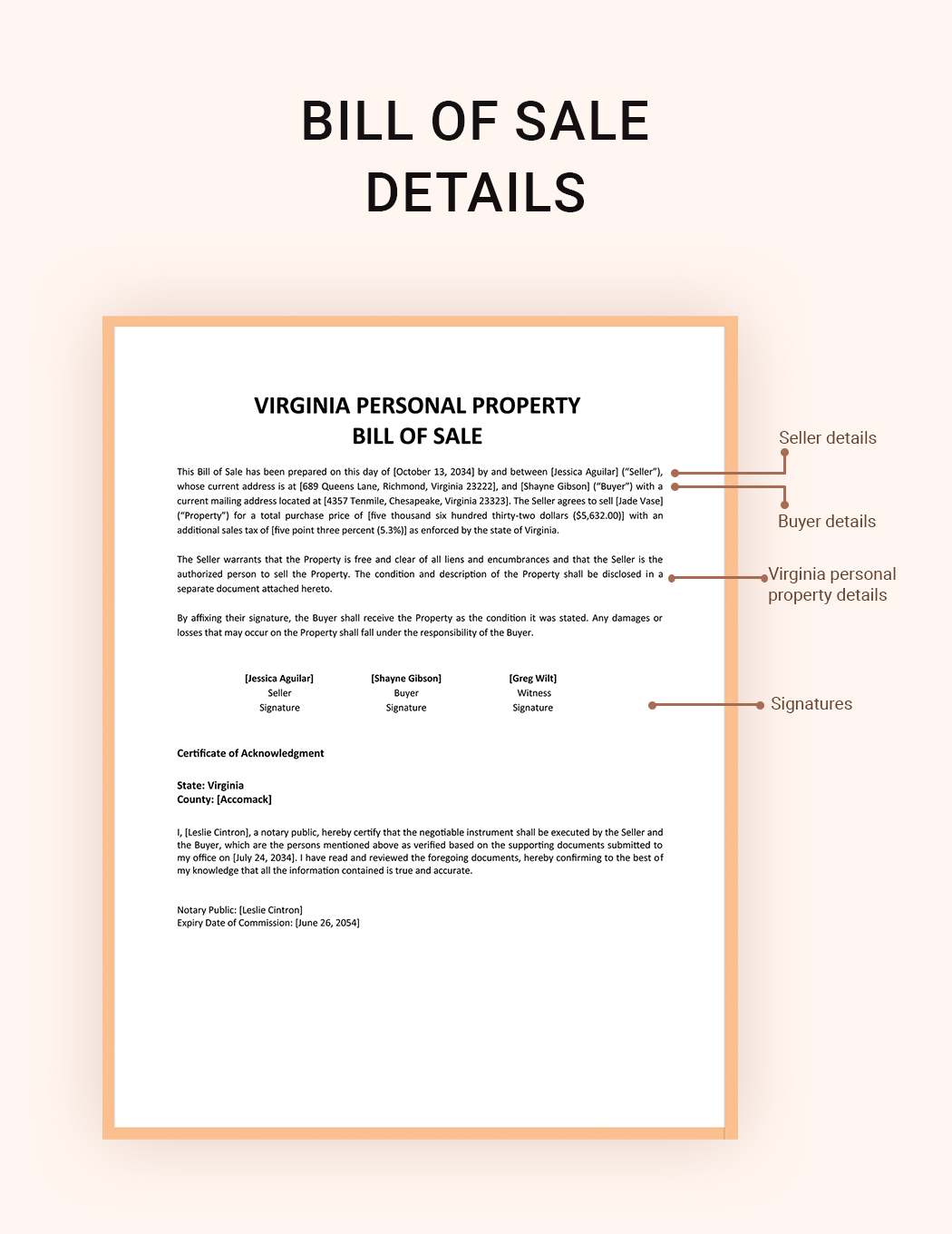 Virginia Personal Property Bill Of Sale Template in PDF Word Google