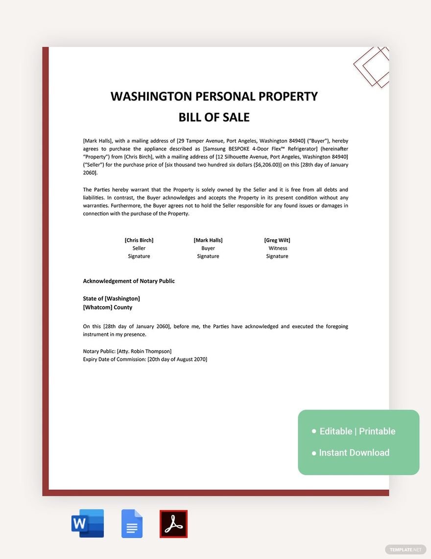 Washington Personal Property Bill Of Sale Template in Word, Google Docs, PDF