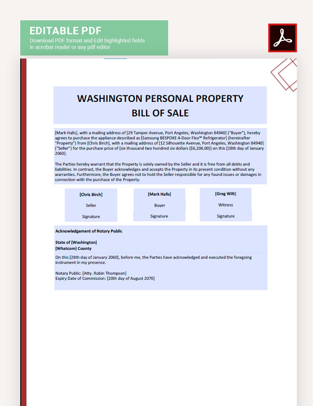 Washington Personal Property Bill Of Sale Template