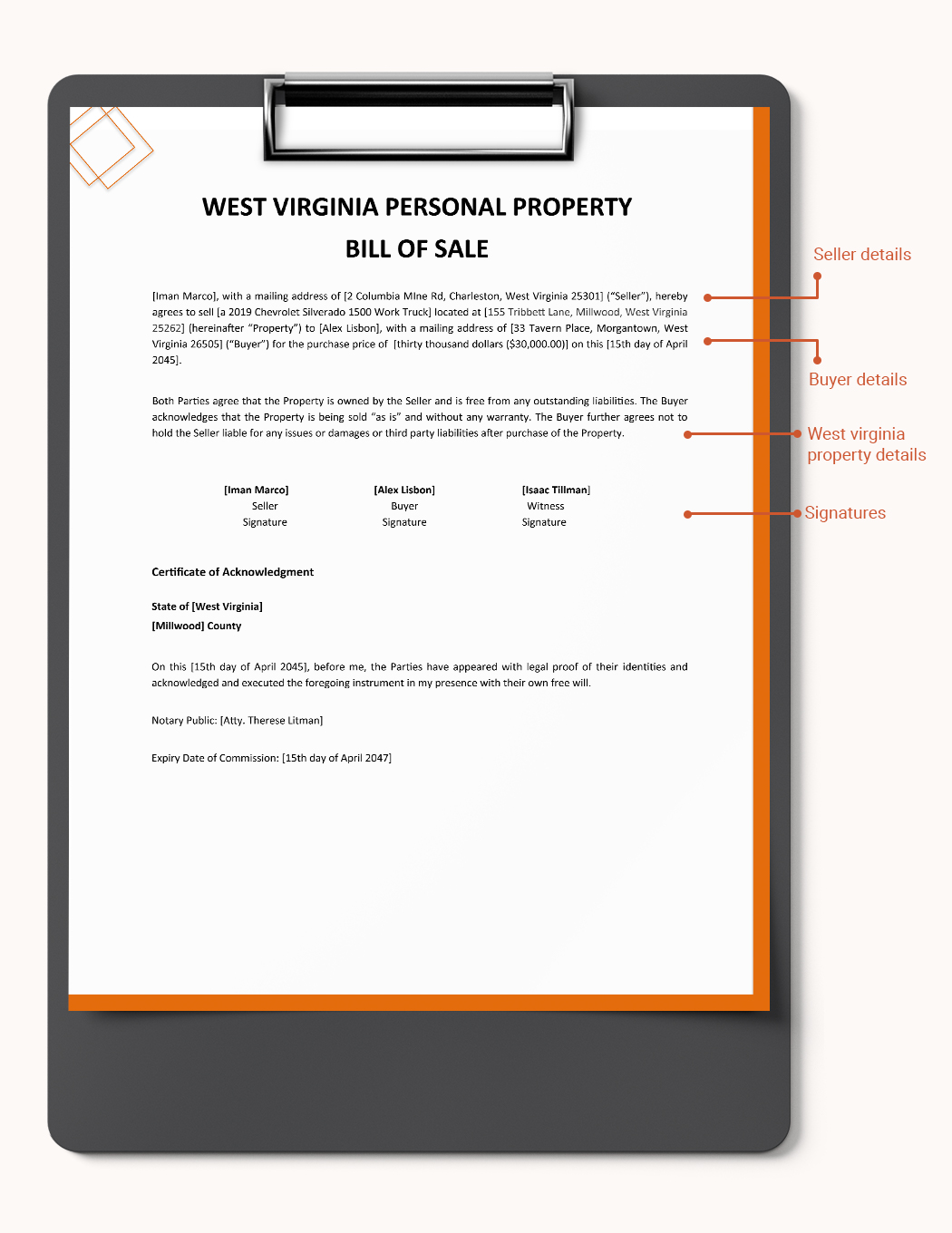 West Virginia Personal Property Bill Of Sale Template