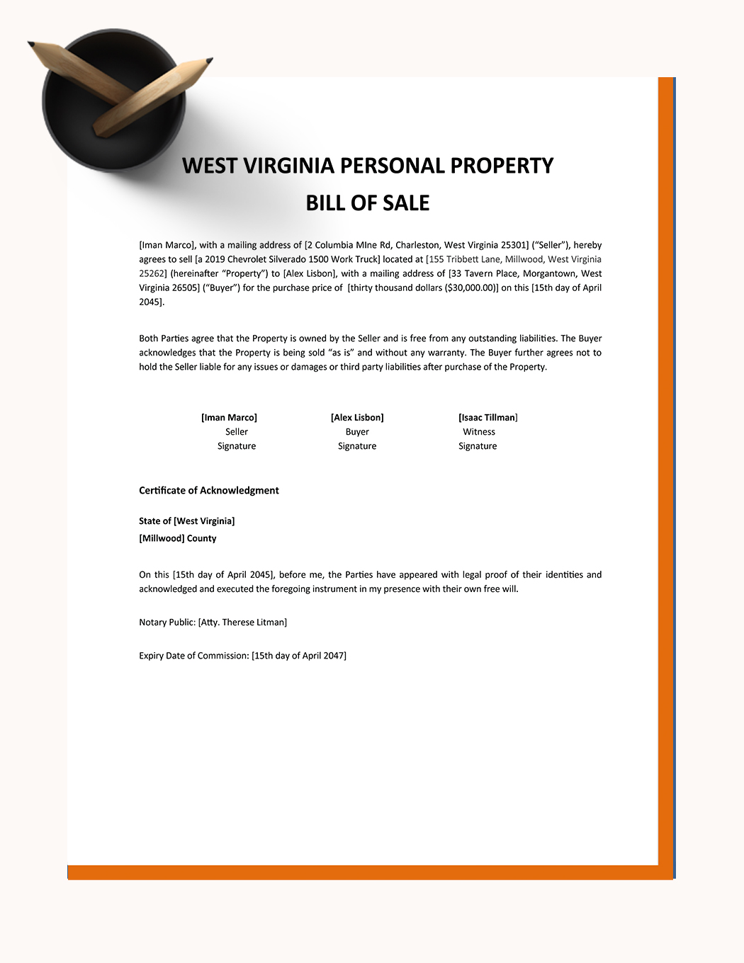 West Virginia Personal Property Bill Of Sale Template