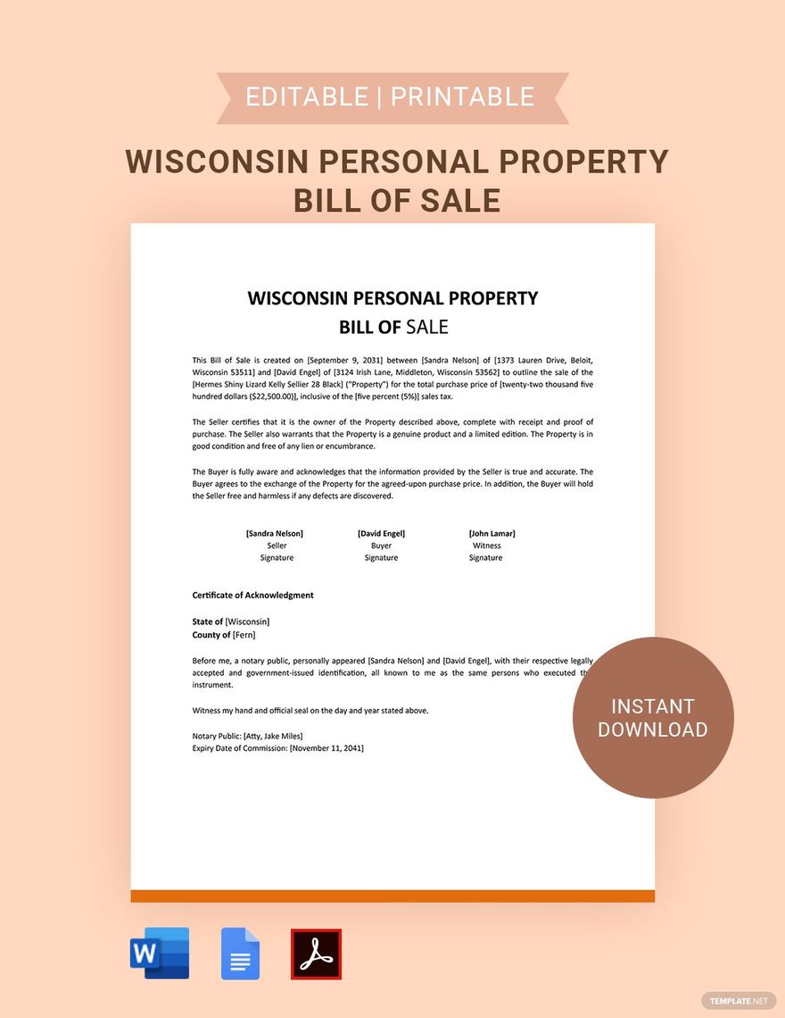 Wisconsin Personal Property Bill Of Sale Template in Word, Google Docs, PDF