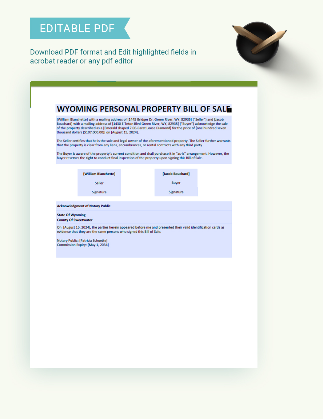 Wyoming Personal Property Bill Of Sale Template