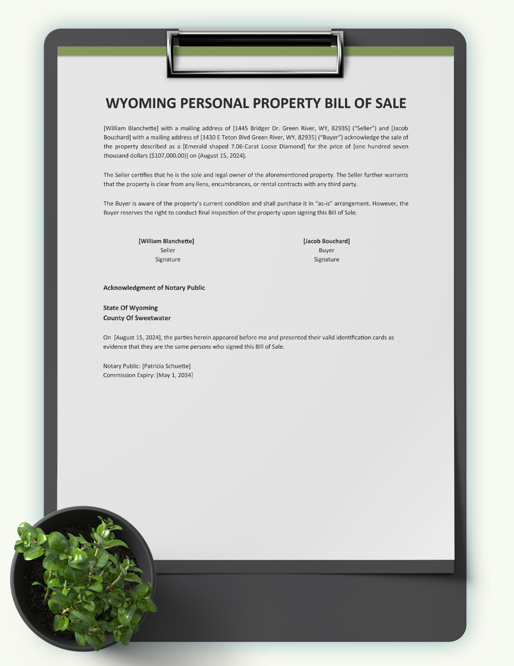 Wyoming Personal Property Bill Of Sale Template