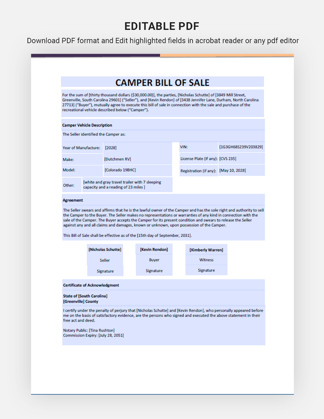 Camper Bill Of Sale Template