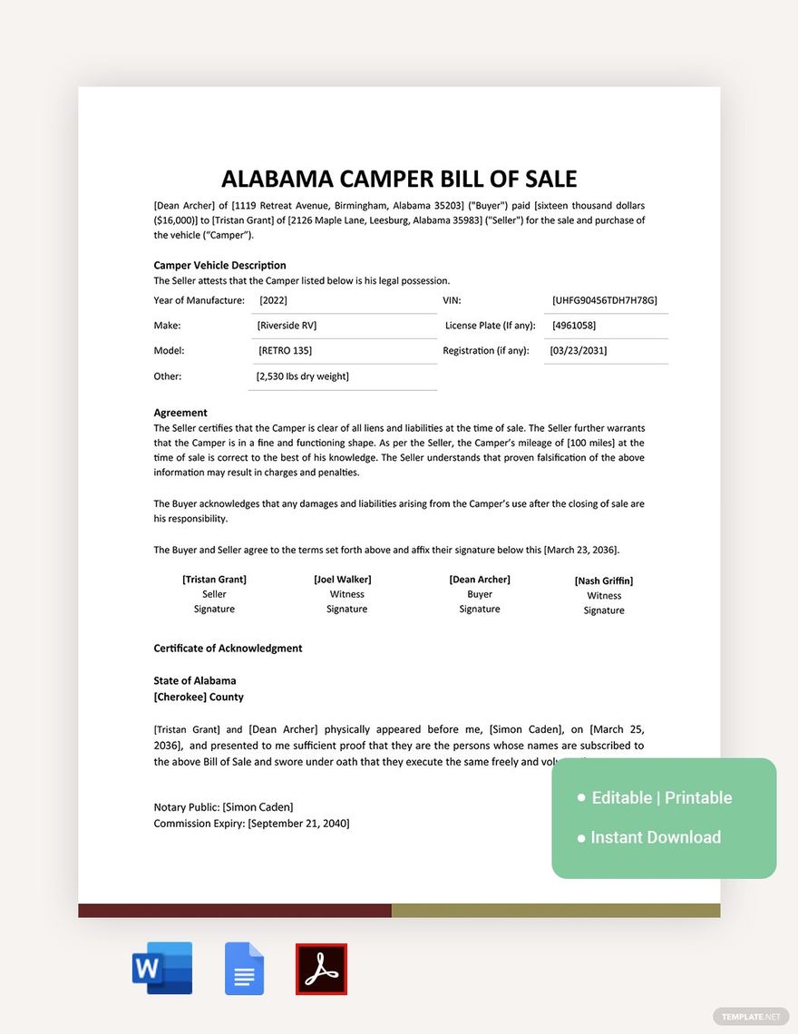 Alabama Camper Bill Of Sale Template Google Docs Word PDF Template