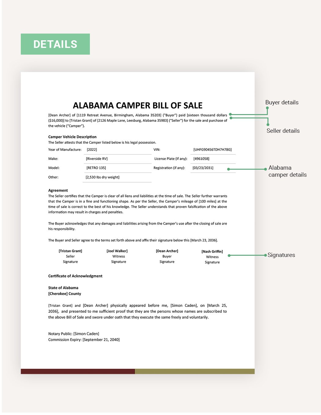 Alabama Camper Bill Of Sale Template