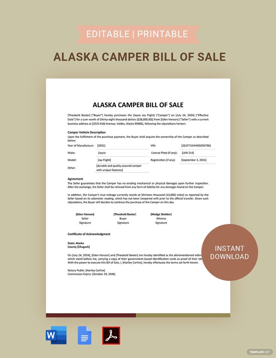 Alaska Camper Bill Of Sale Template