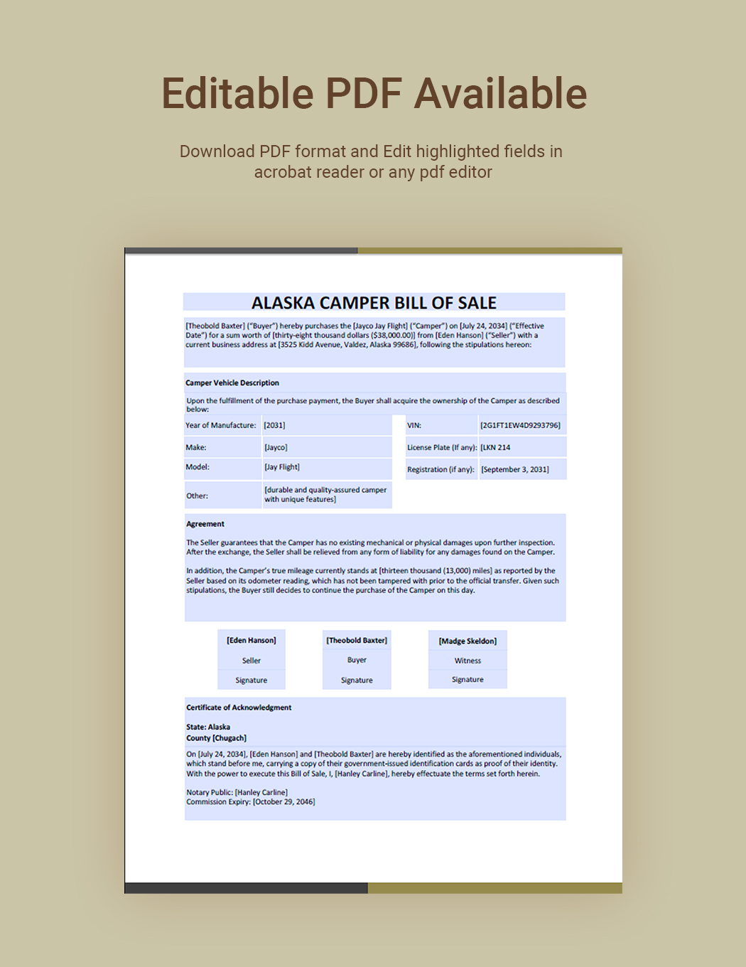 Alaska Camper Bill Of Sale Template