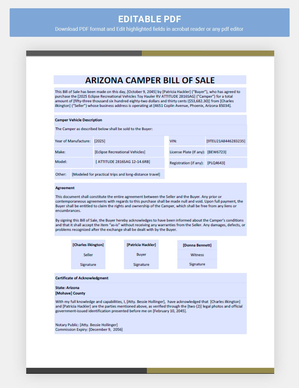 Arizona Camper Bill Of Sale Template