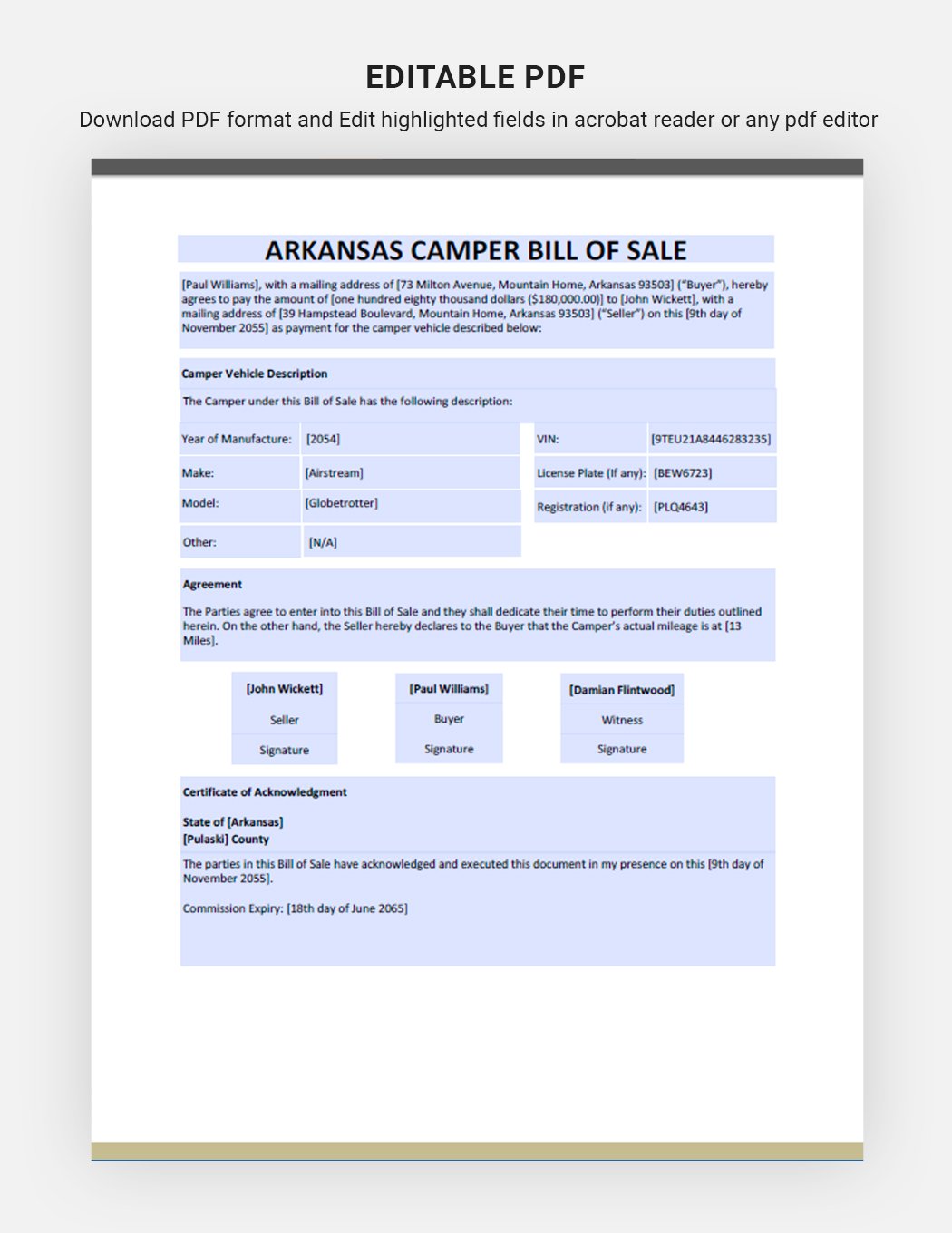 Arkansas Camper Bill Of Sale Template
