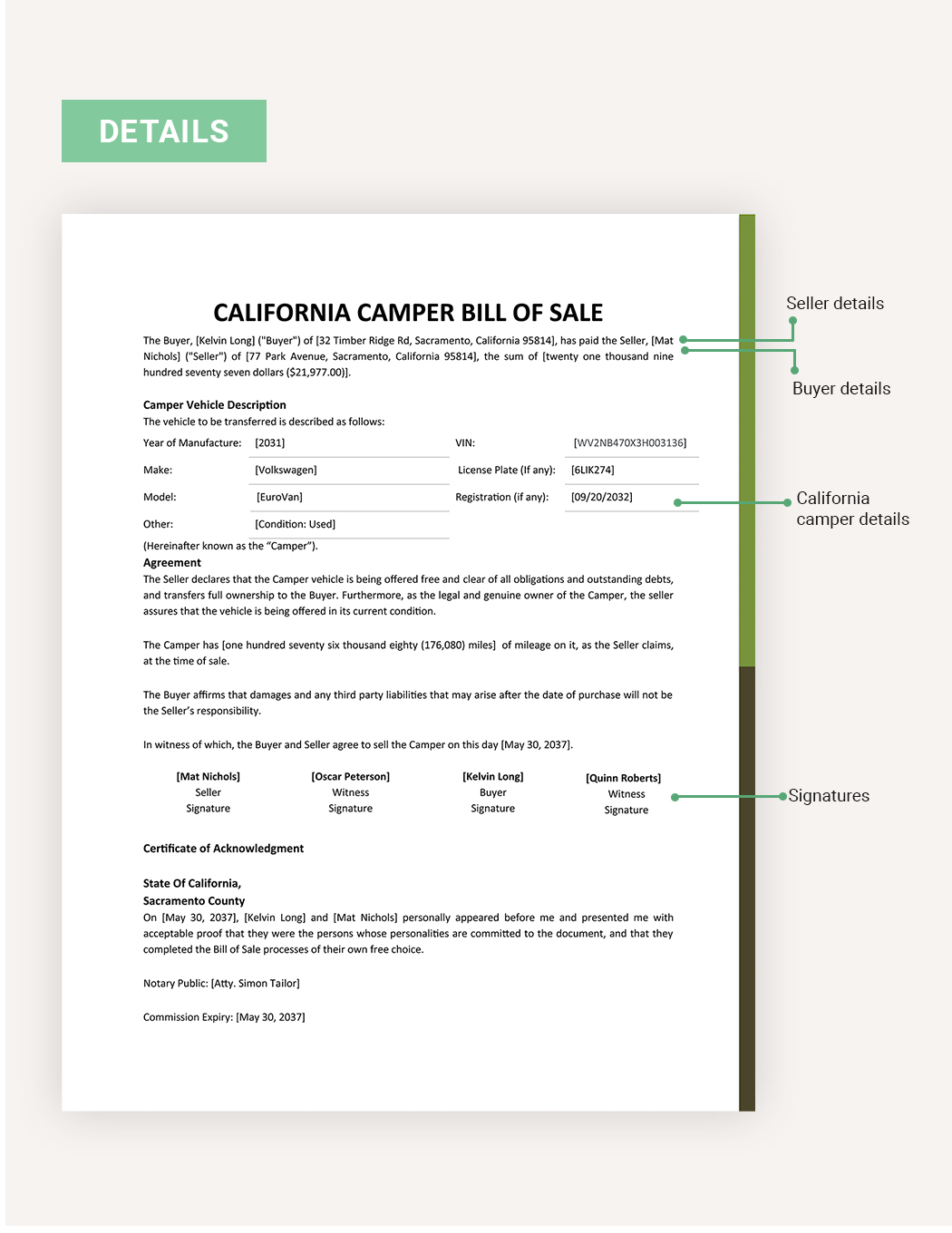 California Camper Bill Of Sale Template