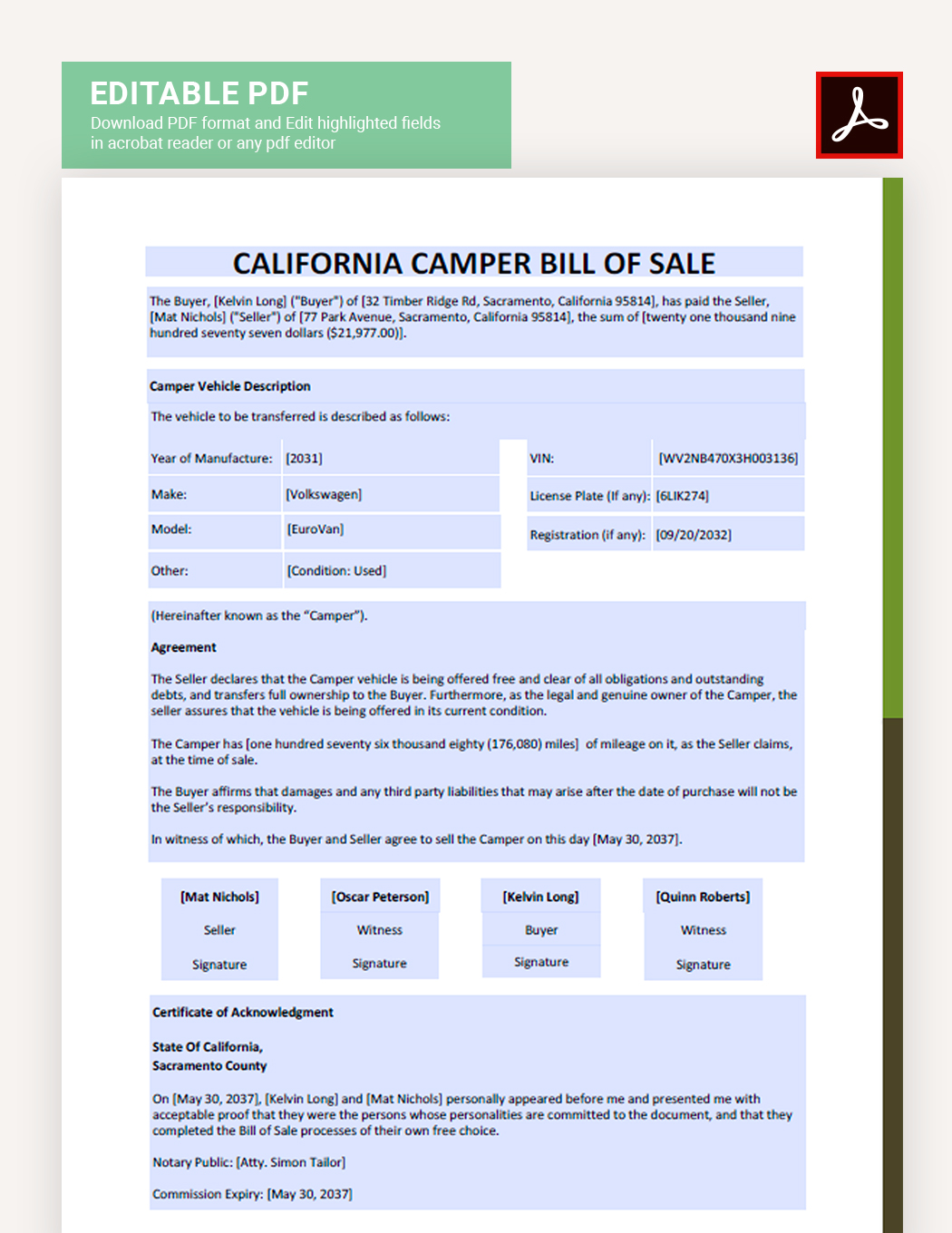 California Camper Bill Of Sale Template